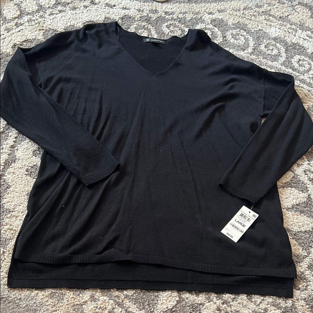INC International Concept v-neck step hem hi-low sweater, black, size L NWT!